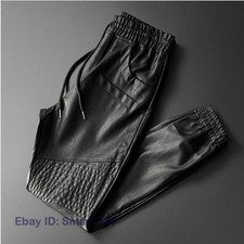 Pantalones de chándal de cintura elástica para hombre con bolsillo de motocicleta de cuero sintético de moda
