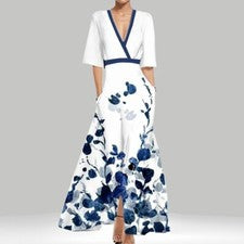 Mujer Moda Elegante Temperamento Cuello en V Estampado Cordones Falda Vestido