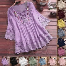 Boho Para Mujer Verano Con Cordones Camisetas Blusa Suelta Floral Camiseta Prendas para el torso TALLA GRANDE 6-24