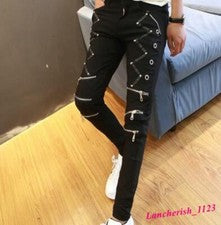 Pantalones de mezclilla para hombre Pantalones rectos Punk Calce ajustado Jean Coreano Informal Moda Talla