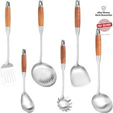 Juego de utensilios de cocina ergonómicos de acero inoxidable de 6 piezas con asas de madera natural