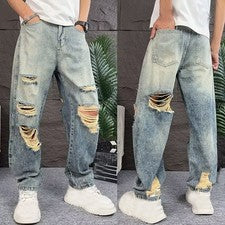 Moda Para hombres Pantalones de mezclilla con agujeros rasgados Pantalones de mezclilla desgastados Informales Pantalone