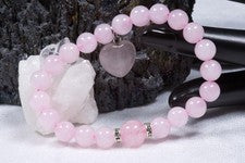 Pulsera de piedras preciosas cuarzo rosa | Pulsera esférica de 8 mm con corazón