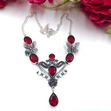 Collar de joyería de plata de ley 925 hecho a mano con piedras preciosas granate rojo talla 17-18"