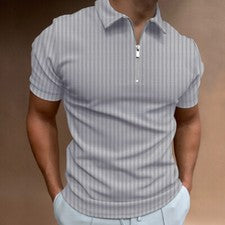 Polo Hombres Cremalera Cuello Moda Gris Rayas Camiseta Informal Golf Cremallera Camiseta