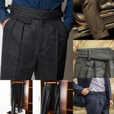 Hombres Retro Tweed GURKHA Pantalones Espiga Lana Pantalones Informal Traje de Negocios Pantalón