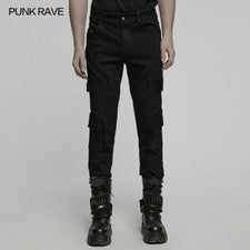 Punk Rave Hombres Negro Gótico Punk Solapa Bolsillo Ajustado Denim Pantalones Informales