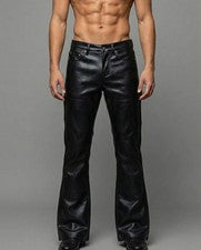 Pantalón de hombre de cuero de vaca real negro acampanado estilo 5 bolsillos pantalón rockero
