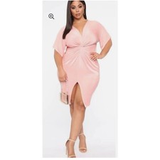 Vestido midi para mujer rosa nudo delantero XL - manga corta abertura