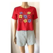 Mujer Verano Moda Top Corto Estampado Floral Cuello Redondo Camiseta Roja L