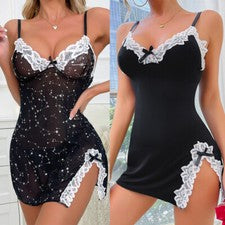 Lencería sexy para mujer Camisón Prendas para dormir Encaje Quimise Abertura lateral Prendas para dormir Vestido
