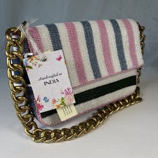 Bolso con Cuentas Rayas Azul Rosa Blanco Grueso Oro Cadena Hecho India Cartera