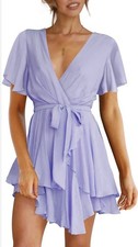 Mini Vestido Para Mujer Cuello en V Profundo Doble Capa Volantes Dobladillo Manga Corta Acampanada, Pequeño