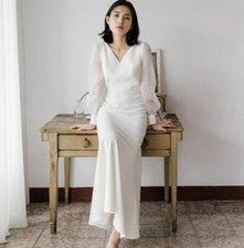 Para mujeres Boda Cuello en V Vestido Fiesta Calce Ajustado Cremallera Moda Corte A Falda Vestido