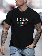 "Camiseta de manga corta estilo italiano SICILIA": personajes blancos sobre espalda negra