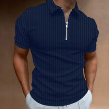 Polo Hombres Cremalera Cuello Moda Azul Marino A Rayas Camiseta Informal Golf Tee