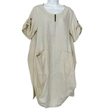Vestido midi Minibee para mujer Lagenlook bolsillos S/S lengüeta enrollable lino algodón talla S