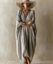 Maxi Vestido Largo Para Mujer Beige Mezcla Algodón Ancho Suelto Cuello en V Grande Moda