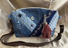 Cartera *HECHA A MANO* bolso, DENIM RECICLADO, borla, estilo japonés boro/sashiko, estrella
