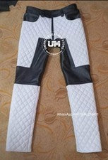 Pantalones de cuero acolchados negros blancos para hombre estilo motociclista calce ajustado hecho a medida