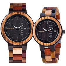 KINGNOW Pareja Par Reloj Set Madera Cuarzo Japonés Día Fecha Unisex Japón Nuevo