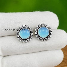 Aretes de plata de ley 925 hechos a mano con piedras preciosas de calcedonia