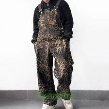 Mono con tirantes de leopardo multibolsillo de moda de calle retro americano para hombre