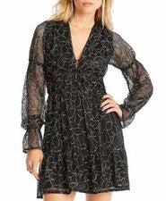 $298 Vestido LINI Para Mujer Gabriella Negro Metálico Estampado Floral Encaje Volantes M Nuevo con Etiquetas