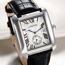 Reloj pulsera analógico de cuarzo con correa de cuero con esfera cuadrada con números romanos informales para hombre
