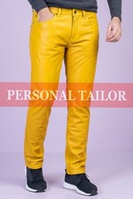 Pantalones de mezclilla de cuero real amarillo genuino para hombre estilo 5 bolsillos pantalones de moto