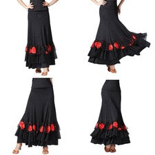 Disfraz de baile flamenco de compañía vals lentejuelas falda larga negro + rojo