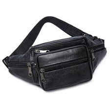 Riñonera de cuero genuino Bolso de cintura con múltiples cremallera Cinturón de cadera Cartera Bolsa negra