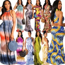 Vestido largo sin mangas con cuello halter y cuello halter paquete de cadera sexy tie dye de verano para mujer
