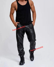 Pantalones de chándal de cuero de cordero negros con cordón suave informales calce estilo callejero para hombre