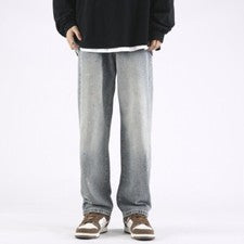 Pantalones rectos cintura joker tendencia de mezclilla sueltos de moda color liso para hombre