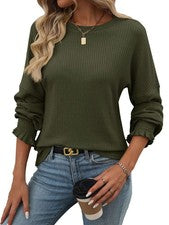 Camiseta para mujer cuello redondo suelta informal acanalada manga larga primavera y 5069