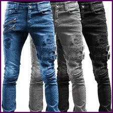 Pantalones de mezclilla elásticos rectos retro para motociclista para hombre con orificio con cremallera ropa de calle p