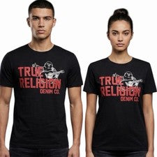 $69 TRUE RELIGION Camiseta Negra Aprobada por Buda Manga Corta Diseñador Gráfico