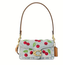 Bolso de hombro Coach Tabby 20 Cherry bordado Denim CDZ33 B4EI NUEVO CON...