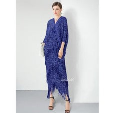 Mujer Borla Cuello en V Manga Ala de Murciélago 3/4 Plisado OL Vestido Largo Banquete Baile Vestido
