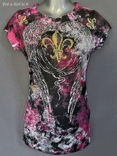 Nueva CAMISA MUJER CRISTAL ROSA NEGRO FLOR DE LIS ALAS DE ÁNGEL BURNOUT S M L XL