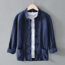 Camisa estilo chino hombre retro hebilla manga larga informal cuello alto