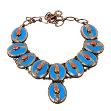 Collar Electroformado Cadena Coral Rojo Piedra Turquesa La Bella Durmiente de Cobre