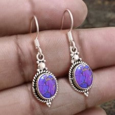 Pendiente genuino hecho a mano de plata esterlina 925 púrpura cobre turquesa forma ovalada