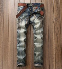 Pantalones de mezclilla retro para hombre azules cómodos punk con bolsillos informales mezclados de moda nuevos