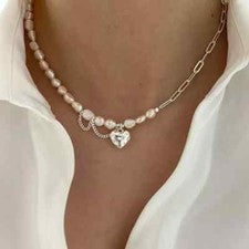 Collar corazón con colgante perla plata de ley 925 cadena mujer