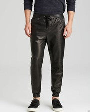 Pantalones de chándal/pantalones de chándal ajustados de piel de cordero negros de cuero para hombre