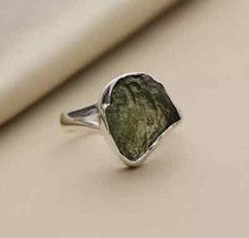 Anillo de Moldavita Natural Cruda Plata de Ley 925 Sólida Hecho a Mano Anillo Todas las Tallas MK*
