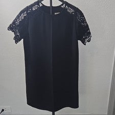 Vestido recto para mujer CB S negro encaje acento manga corta cuello redondo cremallera rodilla