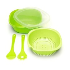 Juego de ensaladeras Amuse verde con tapa, utensilios y colador servidor de ensaladas de 5 piezas